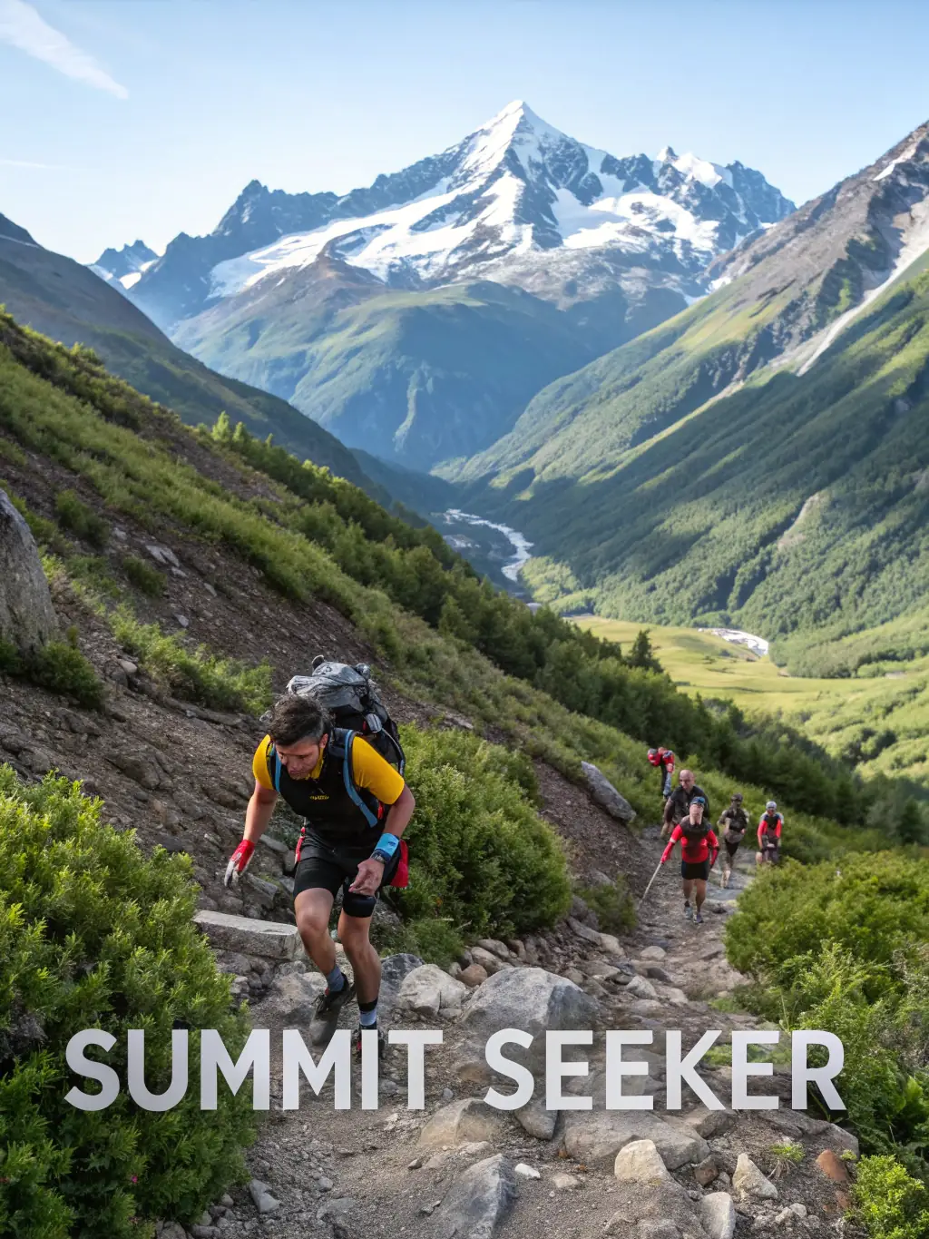 A group of trail runners ascending a steep, rocky path during a training session in the French Alps, showcasing the intensity and beauty of PTC's trail running programs.
