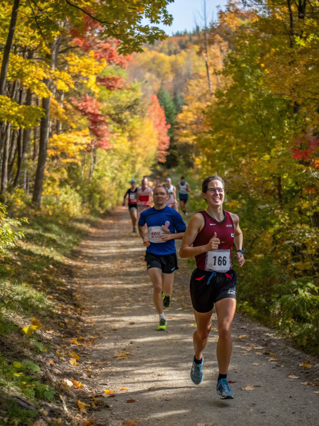A diverse group of runners participating in a guided group run through a scenic forest trail, emphasizing the community aspect of PTC's activities.
